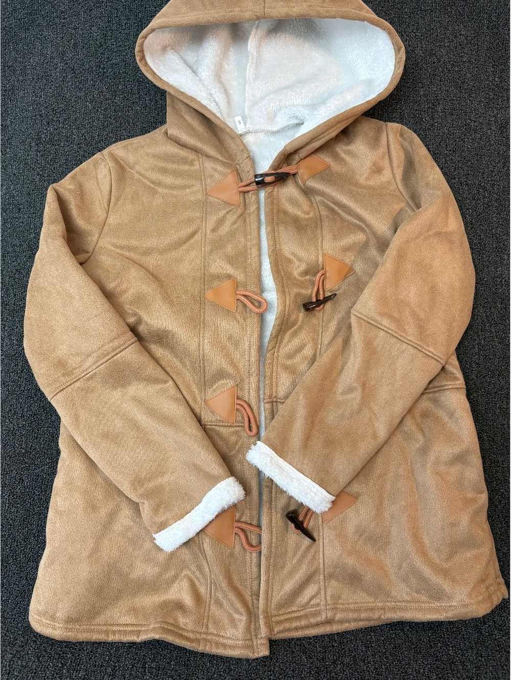 Tan Faux Suede Sherpa Lined Hooded Toggle Duffle Coat Cabincore size small